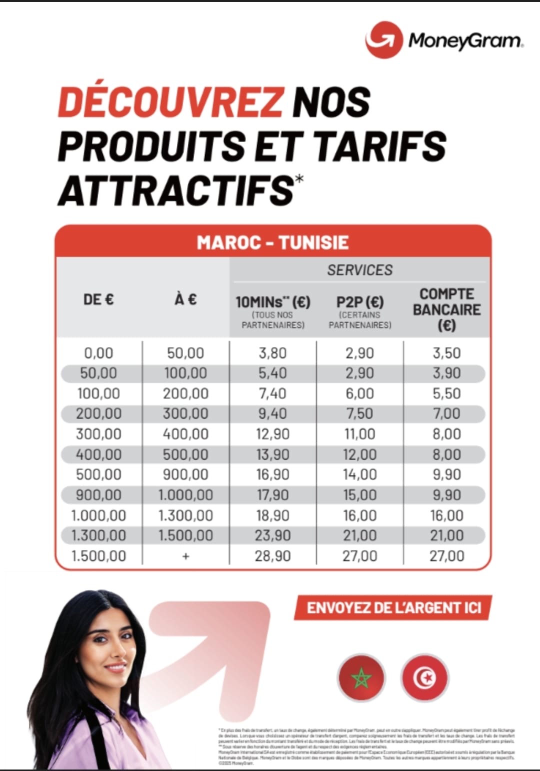 Tarifs officiels de transfert d'argent MoneyGram vers le Maroc et la Tunisie
